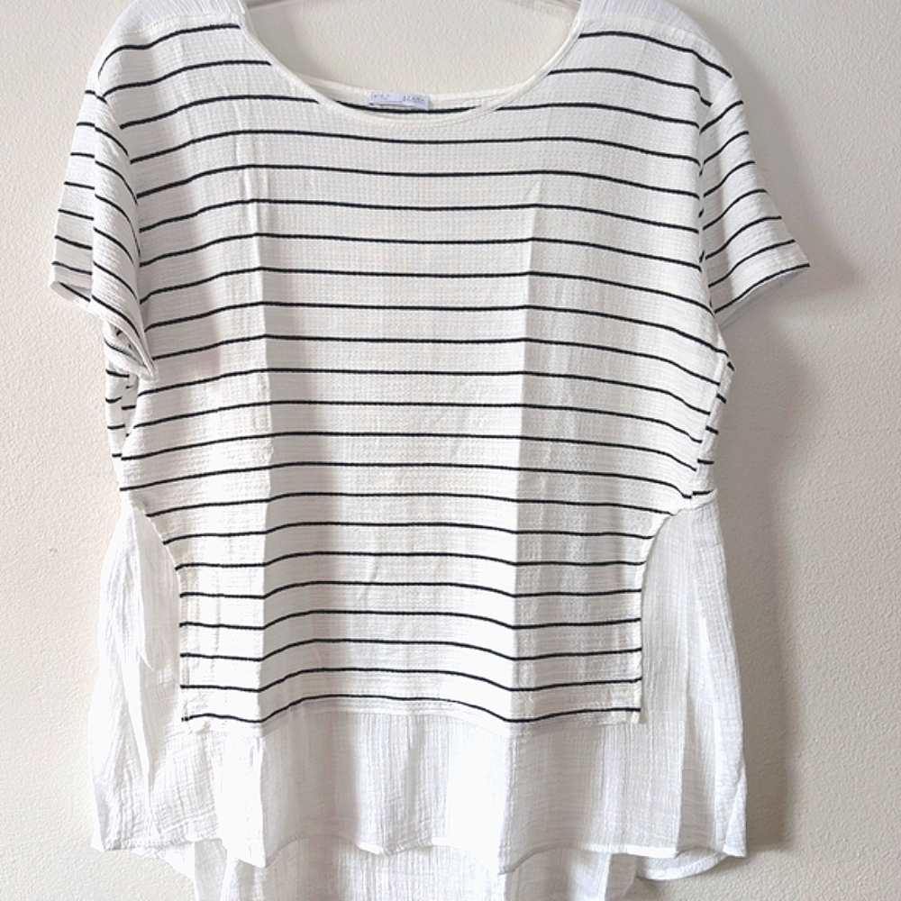 Zara White & Black Stripes Gauze Back Top M